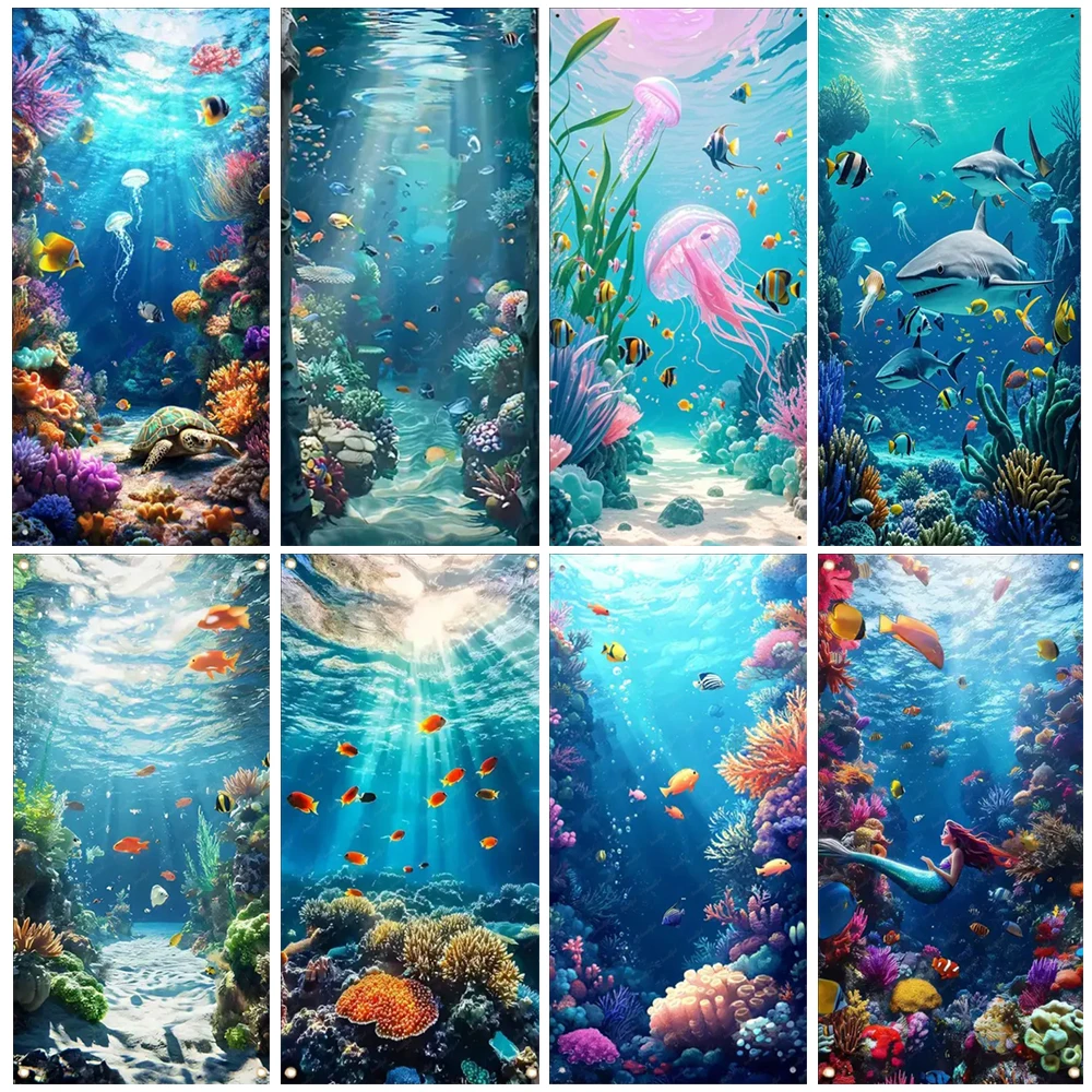 Ocean Underwater World Backdrop Seabed Shark Jellyfish Fish Birthday Background Photo Studio Props Door Banner Shower Supplies