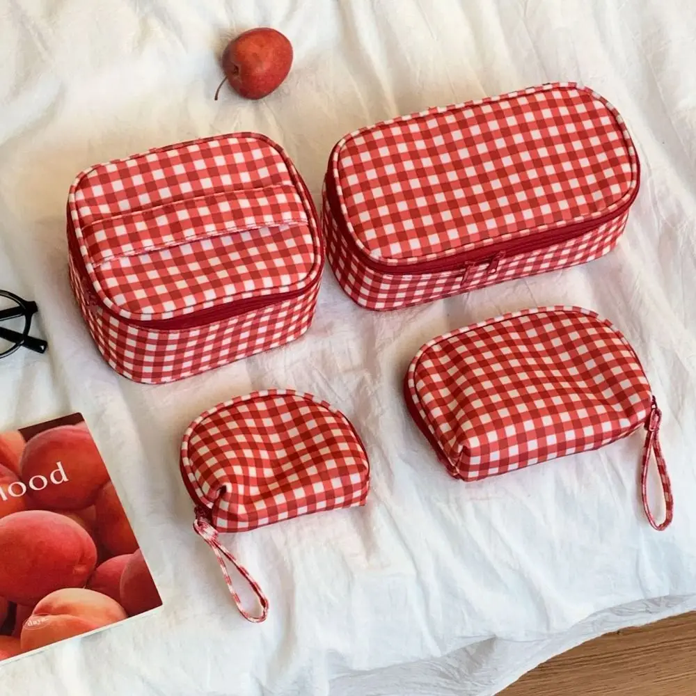 High Quality Red Grid Makeup Bag Multi-size Portable Cosmetic Pouch Toiletry Bag Travel