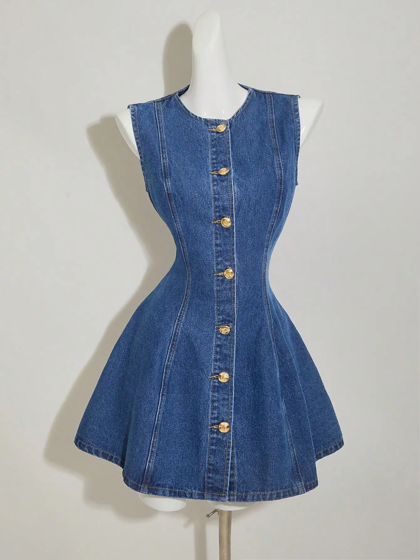 

Sleeveless Denim Mini Dress With Button Front Fit And Flare A-Line Casual Women