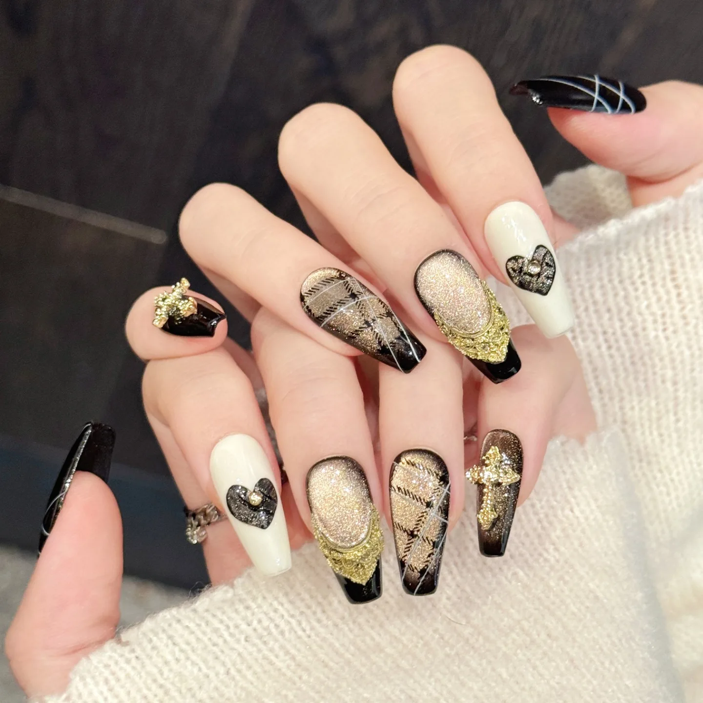 10 PCS Luxury Handmade Press on Nails Middle Ballet Heckinger pattern Design with 4-PIECE Tool Adhesive Nail Glue Tabs