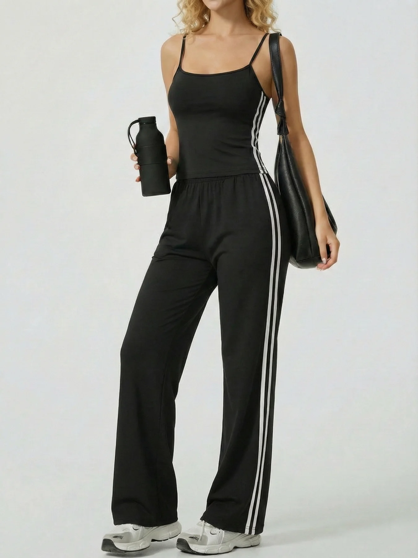 Spring Summer Thin Strap Side White Stripe Wide Leg Pants Set Sweet Cool Sporty Style Slim Fit Two Piece Set Casual Streetwear V