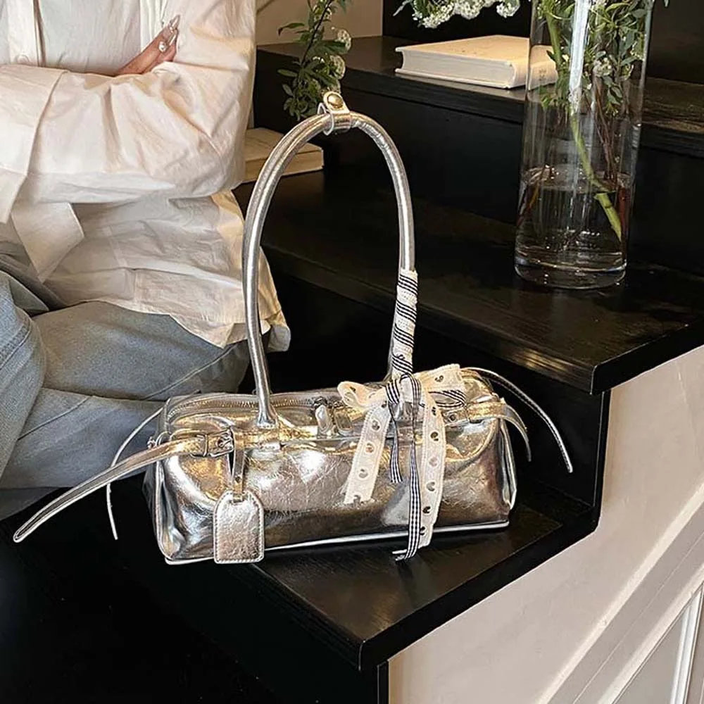 

Сплошной цвет, французская сумка с бантом и лентой Y2K, серебряная сумка на плечо из искусственной кожи, текстурированная большая вместительная цилиндрическая сумка для подмышек, женские сумки