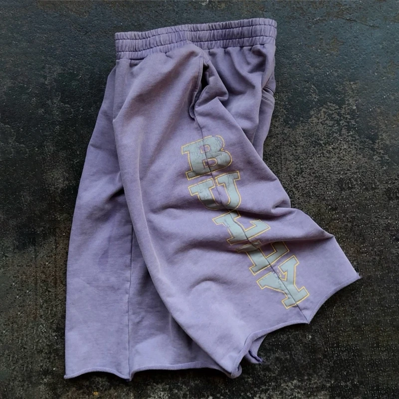 Y2K Retro Imperfect Purple Shorts Sunfade Letter Print Capri Pants American Hip Hop Casual Streetwear Unisex Baggy Sweatpants
