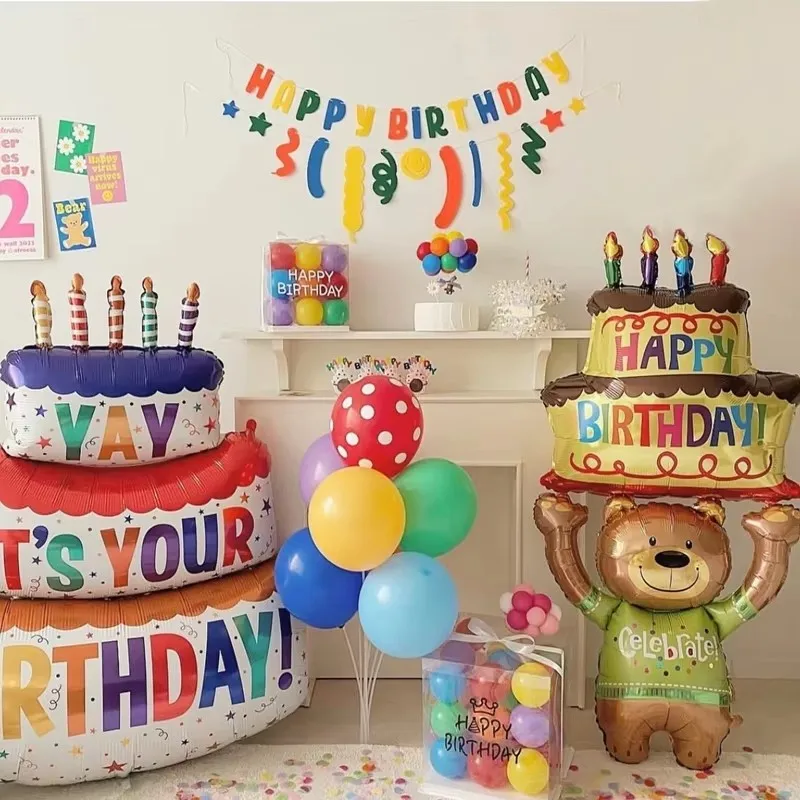 Large Birthday Cake Foil Balloons Cartoon Bear Cake Balloon Kids Toys Happy Birthday Party Decoration Supplies Photo Props INS