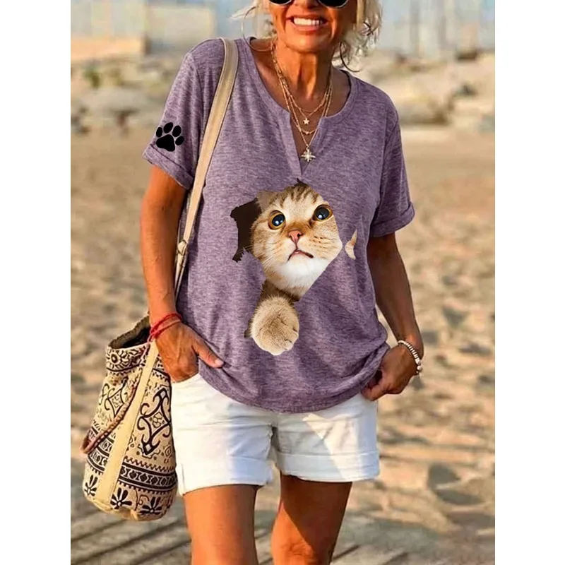 ilstile Women's Lovely Cat Print T-Shirts Summer Short Sleeve Casual Loose V Neck Tops Tees Hot Sale