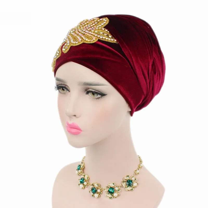 Warm Velvet Turban Scarf Hijab for Women Diamonds Appliques Headscarf Bonnet African Indian Hat Female Head Wraps Islam Headwear