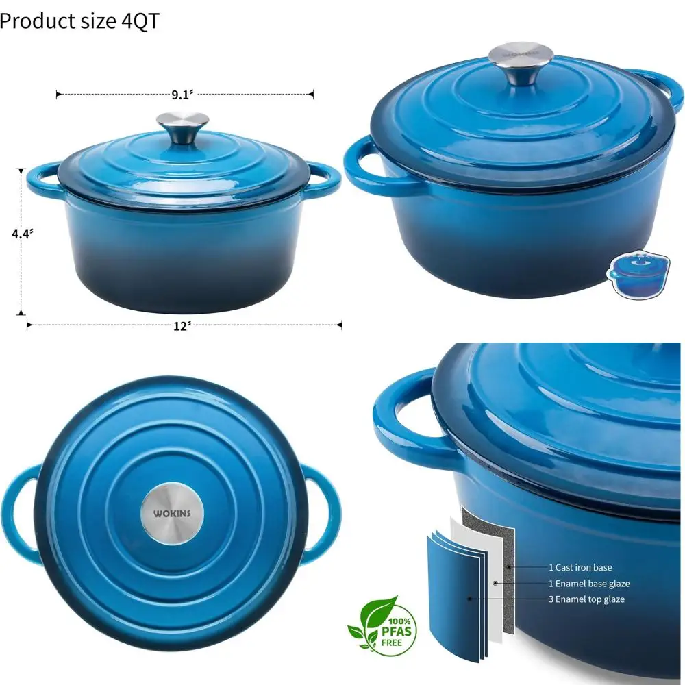 

Эмалированная чугунная жаровня с крышкой, сверхпрочная посуда для выпечки, тушения, приготовления рагу, запекания, подходит для духовки до 500°C ° Блю