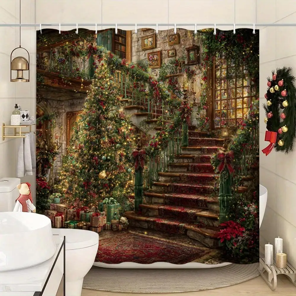 Enchanted Christmas Library Staircase Shower Curtain Holiday Festive Xmas Decor Bathroom Backdrop