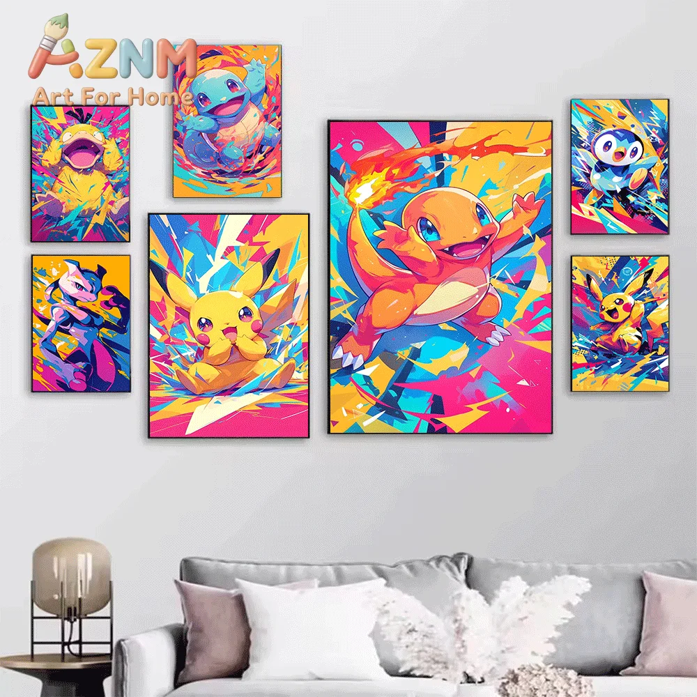 AZNM Pokemon Colorful Pop Burst Art Canvas Painting, Frameless Canvas Wall Art, Anime Character Wall Painting for Bedroom Livi