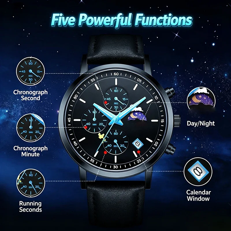 Men Student Quartz Wristwatch Multifunction Chronograph Moon Phase Calendar Leather Strap Casual Watch Gift For Teen Boys
