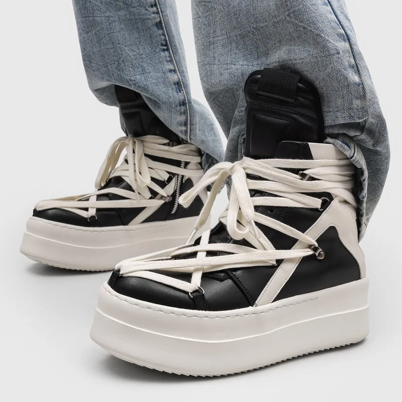 Botas de plataforma de estilo hip hop y rock para hombre, zapatos de diseñador en blanco y negro, botas de cuero natural estilo cowboy, botas de tobillo con cordones extravagantes para hombre