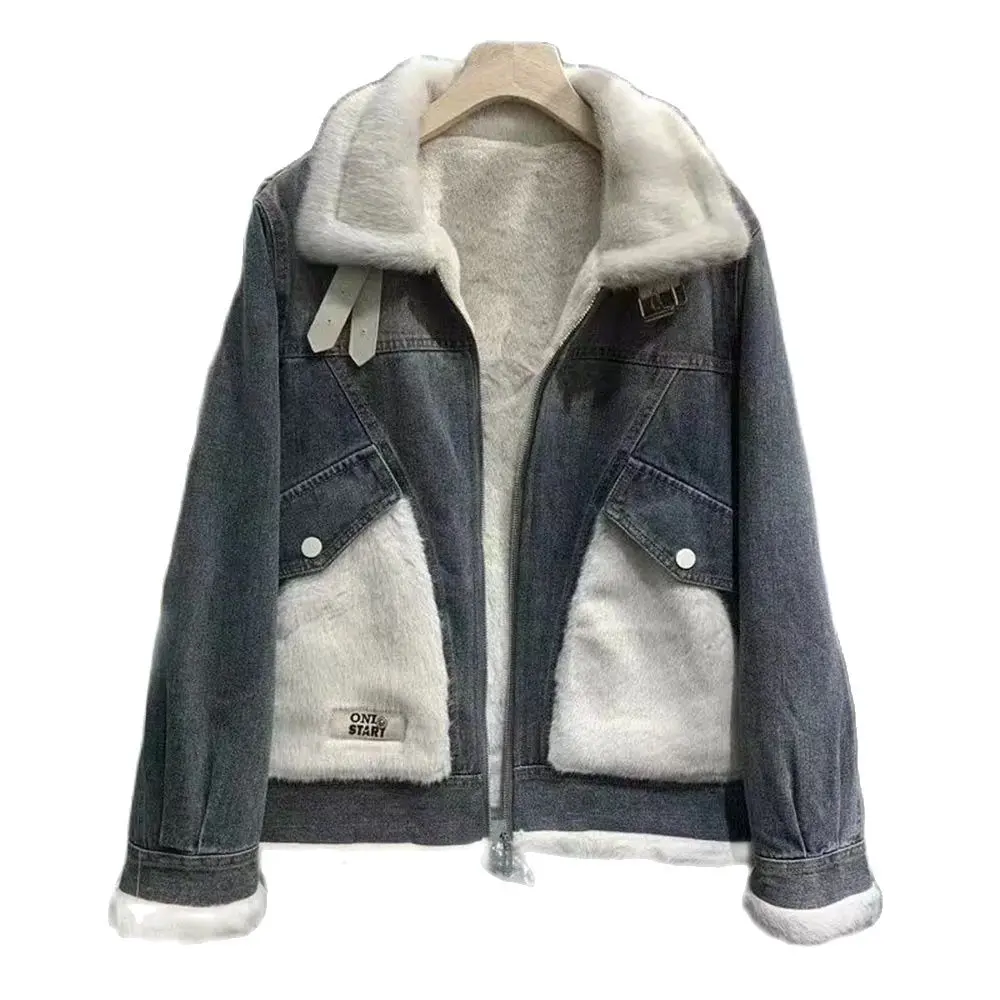 Hong Kong Style Fleece Denim Female Rex Rabbit Fur Collar Short Jacket Winter New Lamb Wool Inside Fashion School To Overcome.