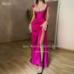 Qanz Fuchsia Sexy Mermaid Prom Dresses Cap Sleeves High Slit Satin Pearls Evening Luxury Dress Formal Gowns Women Customized