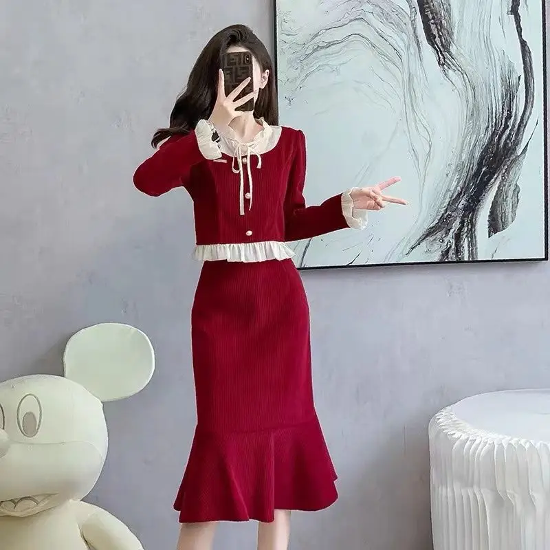 Women Autumn Winter Red Corduroy Two Piece Dress Set Lady Graceful Ruffle Tops Trumpet Skirts Outfits Korean Shirts Skirt Outfit