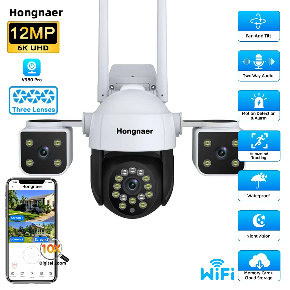 

Hongnaer 12MP 6K V380 Pro три линзы умная уличная беспроводная водонепроницаемая видео IP PTZ Wi-Fi камера видеонаблюдения для домашней безопасности