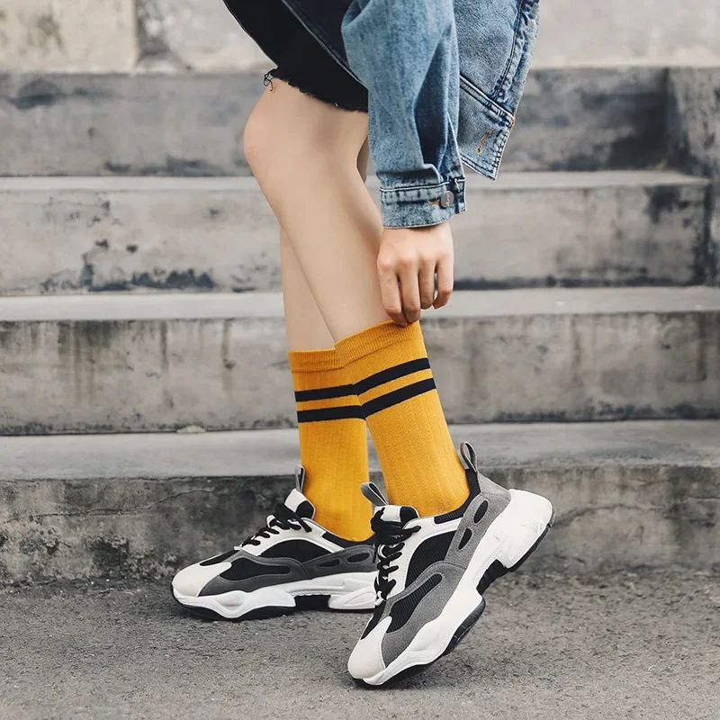 Solid Color Striped Women Socks Casual Fashion Socks School Girls Cotton Knitting Loose Long Socks Sox Black White College Style