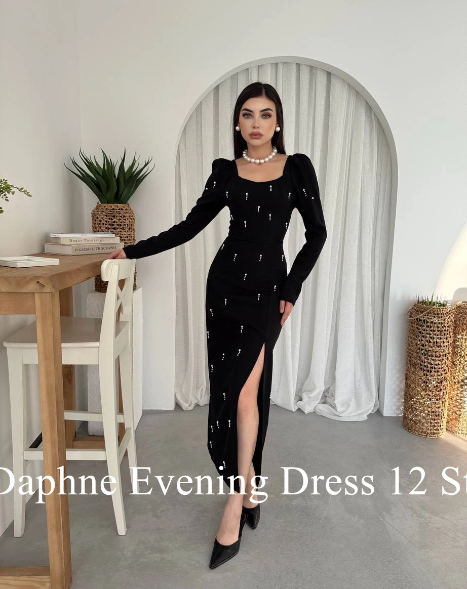Customized Temperament Square Collar Long Sleeves Pearls Evening Dresses Graceful Pleats Black Vestido De Noche Vestido De Festa