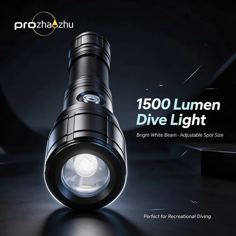 PROZHAOZHU DL-B21 1500LM Rotary Focus Dive Light IP68 100M USB-C Rechargeable 18650 Scuba Torch for Cave Wreck Night Diving