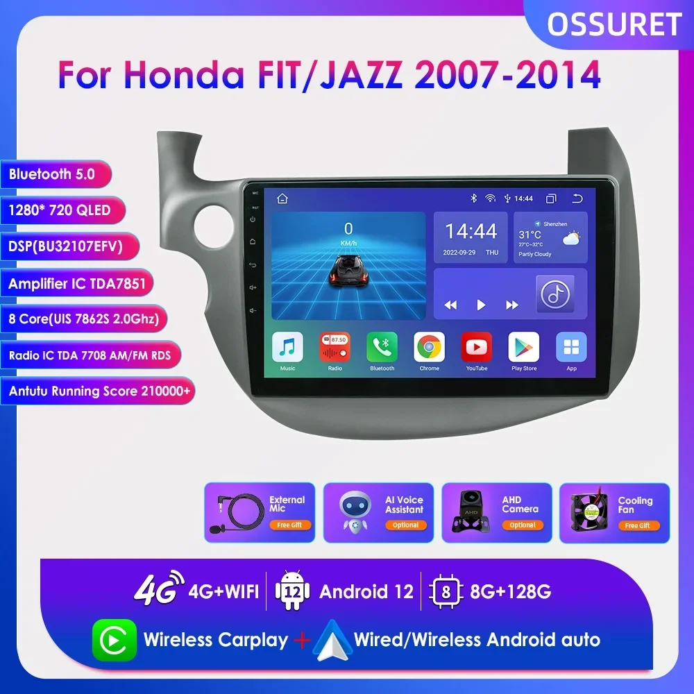 

Автомагнитола Carplay, 2 Din, Android 12, для Honda FIT JAZZ 2007-2014, Восьмиядерный процессор, мультимедийный плеер, стерео, GPS-навигация, BT, SWC, RDS, DSP