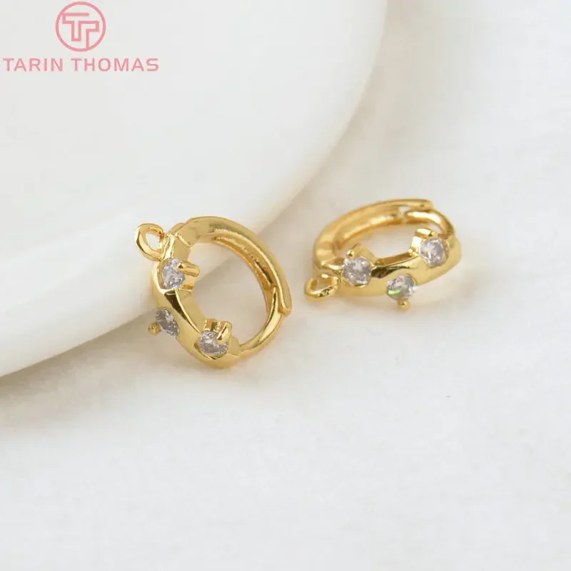 (2656)6PCS 12MM Hole 1.5MM 24K Gold Color Brass with Zircon Round Earrings Hoop Earring Clip High Quality Jewelry Making Finding