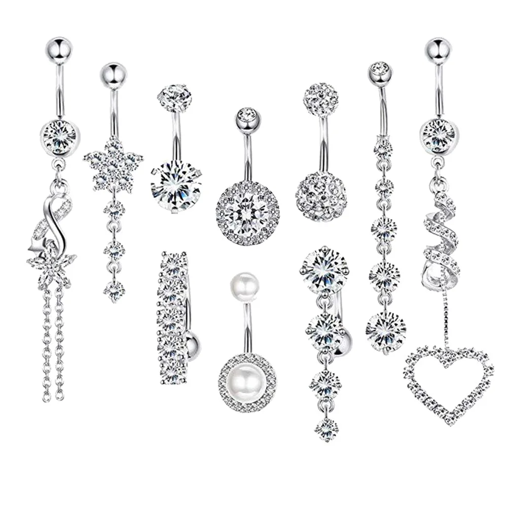 

10 Pcs Belly Button Ring Kit Stainless Steel Rhinestones Durable Piercing Jewelry for Party Dancing Body Art Accessories