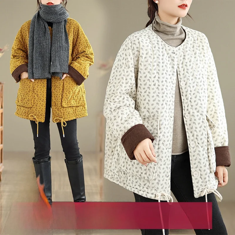 

Thiened хлопковое стеганое зимнее теплое вельветовое пальто с круглым принтом Ne для женщин средней длины для поездок на работу