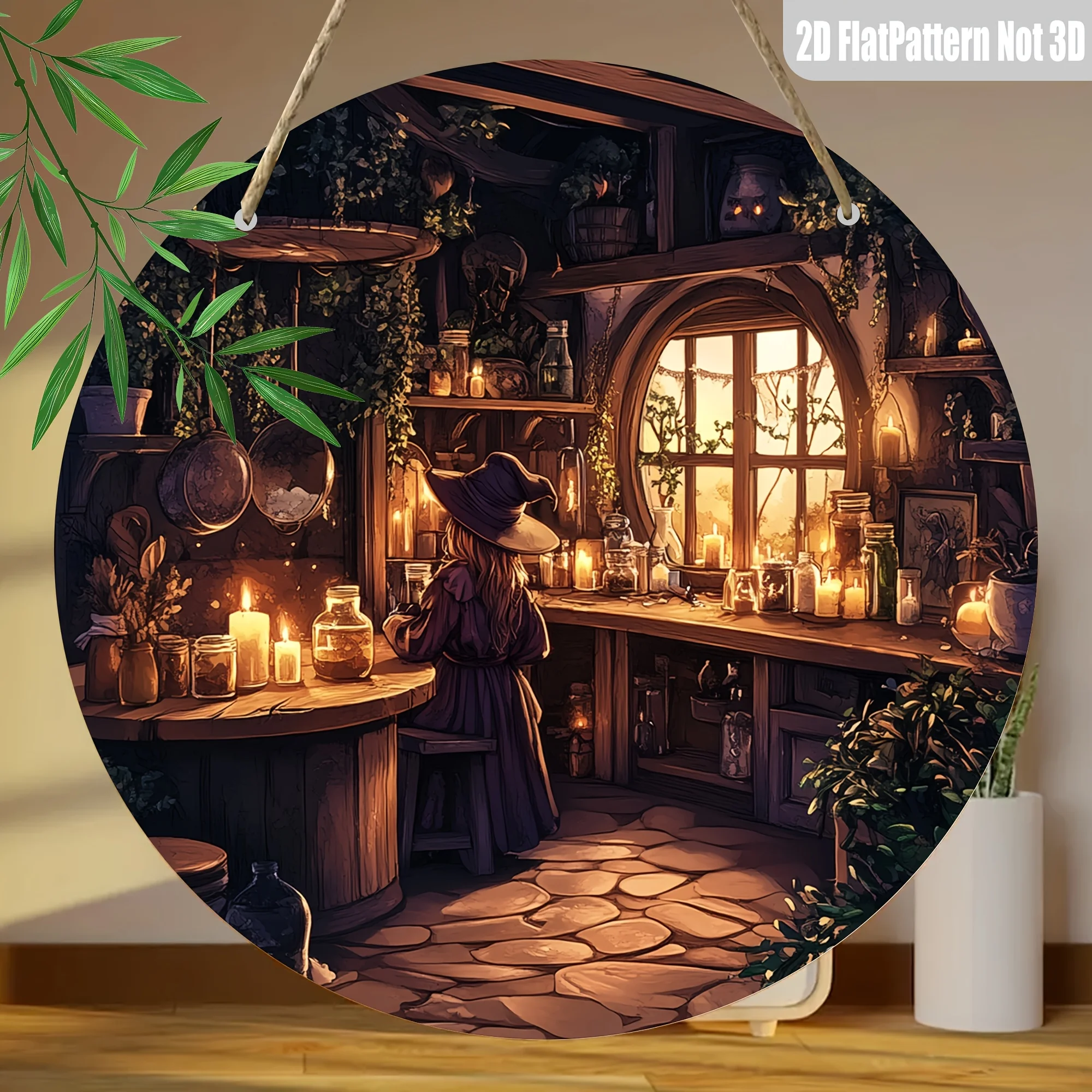 1 Stück 2D flaches Halloween-Hängeschild aus rundem Holz, Hexen-Trankszene, Halloween-Dekoration, keine Stromversorgung erforderlich – sjs