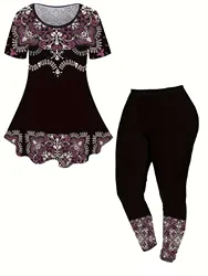 Plus Size Women's Summer Floral Print Casual Two-piece Set, Oversized Lady Crew Neck Short Sleeve Top & Pants Outfits