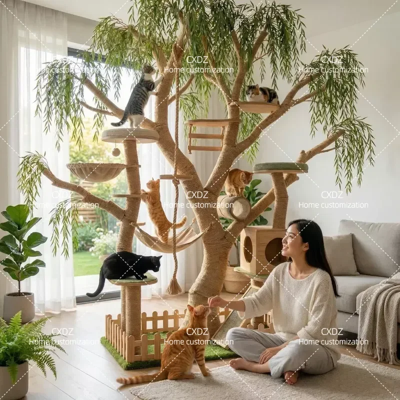 High End Solid Wood Cat Climbing Frame with Integrated Nest and Scratching Board Durable Multi Level Cat Tree Tower for