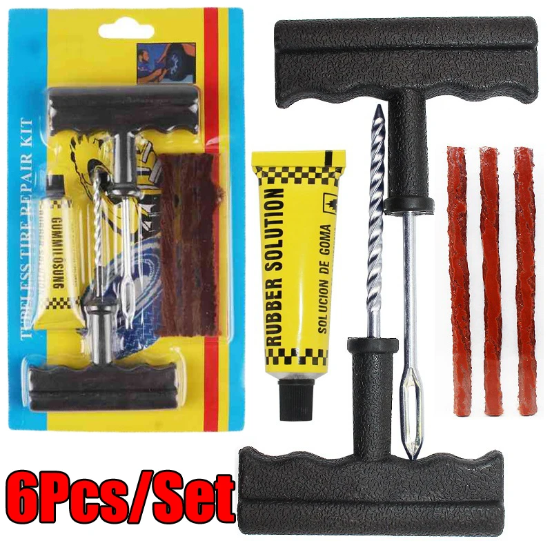 6Pcs/Set Car Tubeless Tire Tyre Puncture Plug Repair Tools Kit Car Studding Rasp Patch Fix Tool Auto Accessories Tire Repair Kit