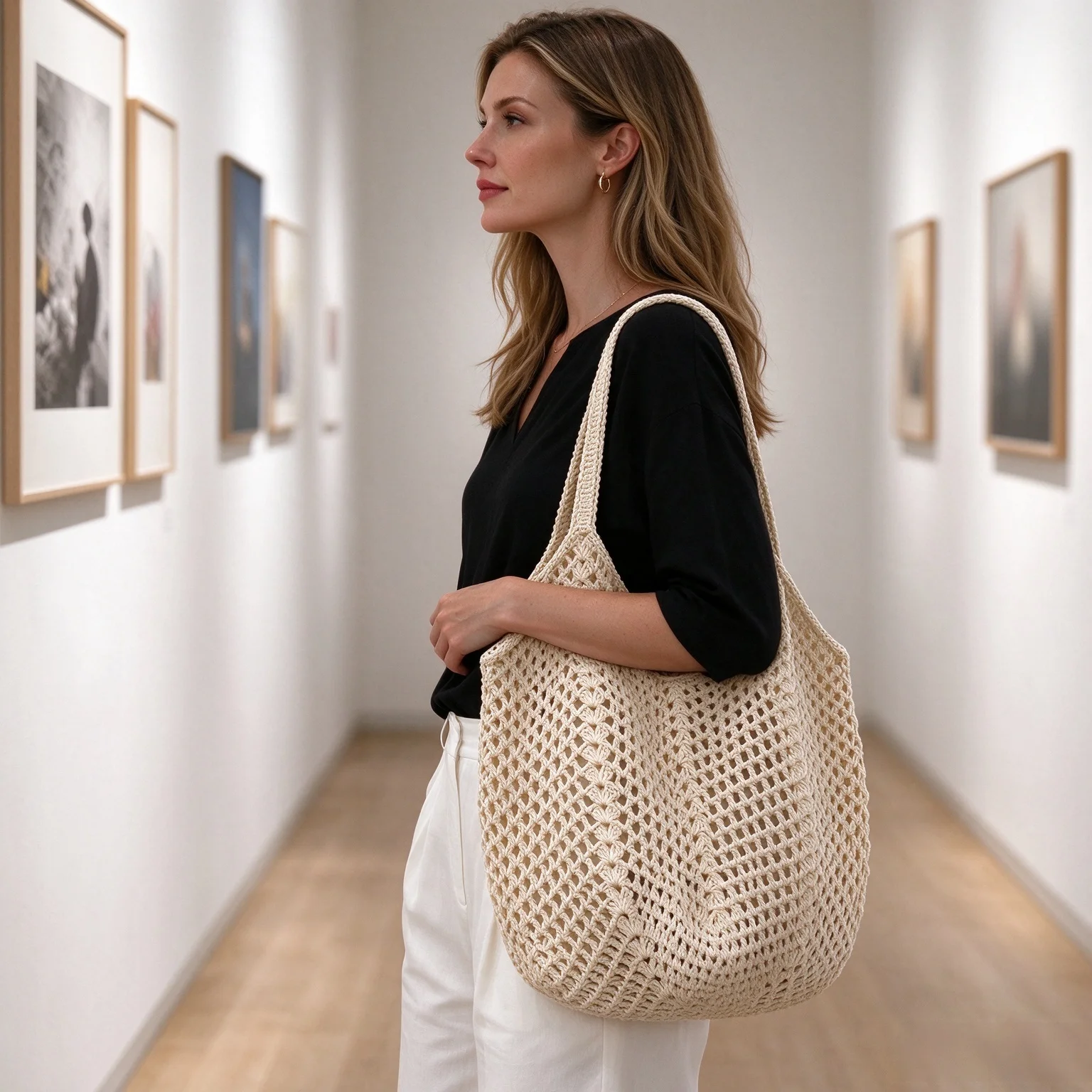 Hollow woven tote bag for women, large capacity mesh knitted shoulder bag, leisure vacation beach bag, artistic commuting grass