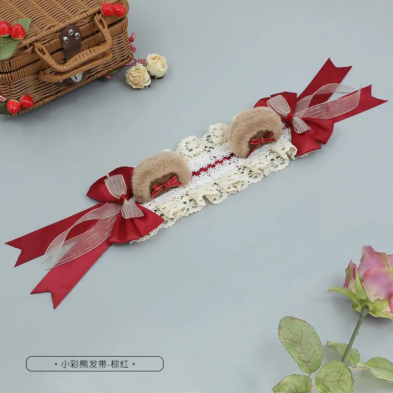 일본 곰 귀 로리타 액세서리 레이스 보우 리본 머리띠 소녀 하라주쿠 머리 장식 갈색 헤어 밴드 코믹 콘 코스프레 머리 장식