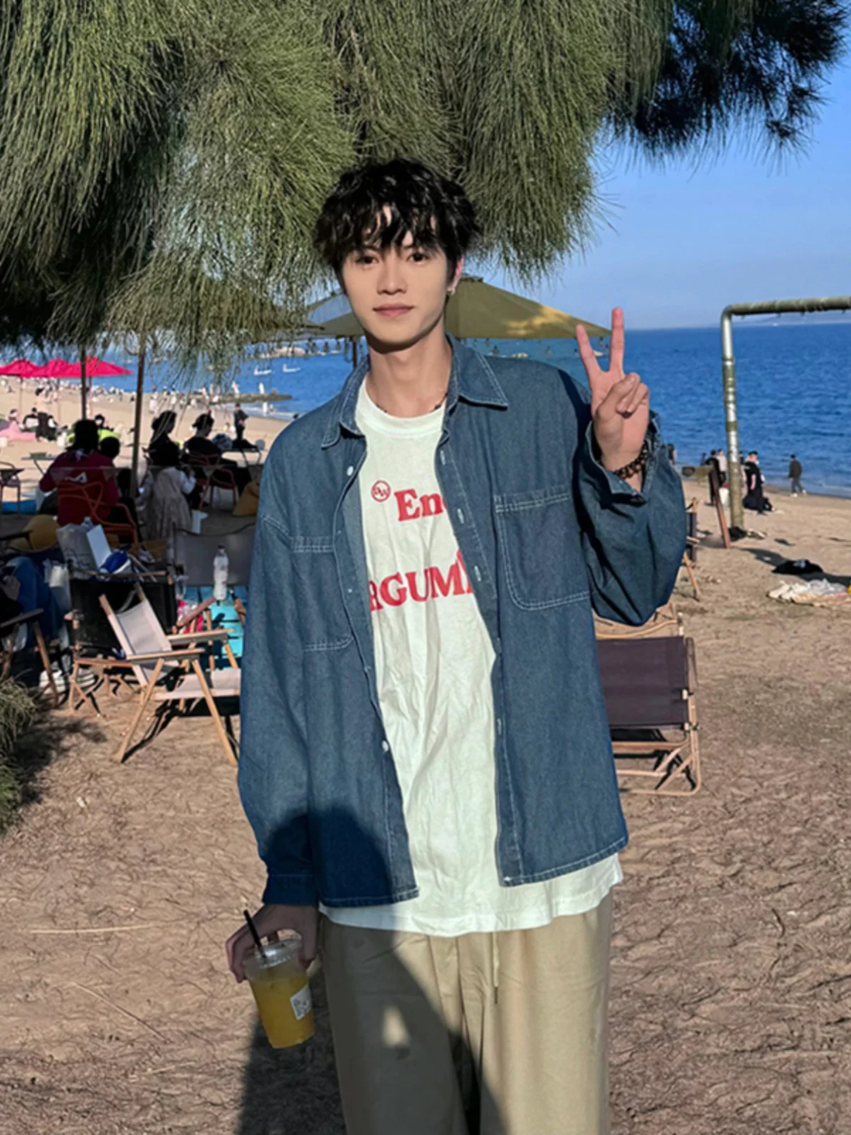 

Trendy Japanese Cityboy Men's Denim Shirt Cleanfit Youthful Feeling Long Sleeve Loose Fit Spring Season Casual Outerwear