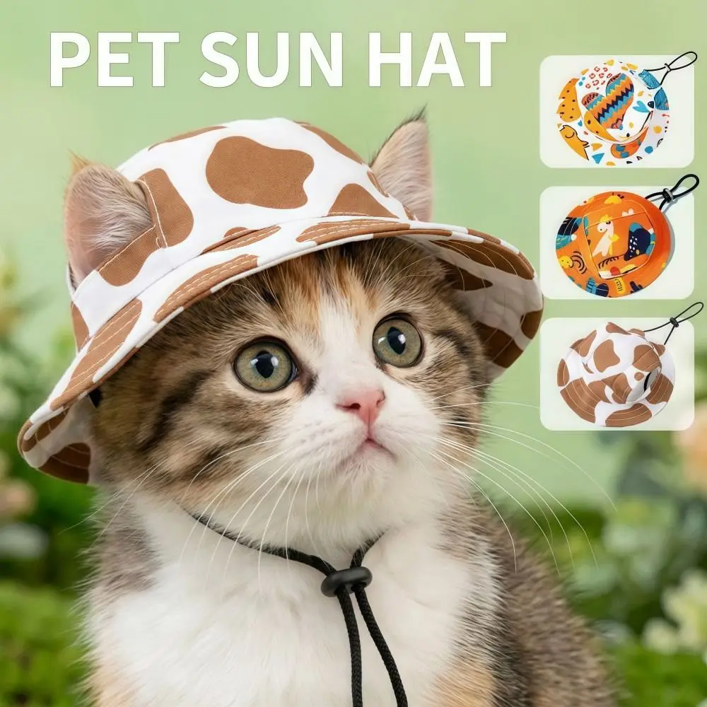 Breathable Cat Dog Sun Hat with Ear Holes UV Protection Pet Bucket Hat Adjustable Drawstring Lightweight Pet Cowboy Hat