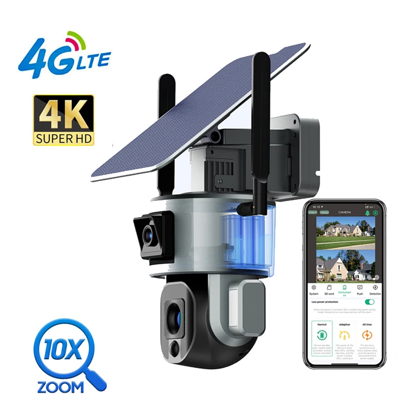 

4K Wireless Outdoor Solar Camera Dual Lens Solar Powered Camera 360 Degree Wide Angle Optical Zoom Cam With PIR Human Detection