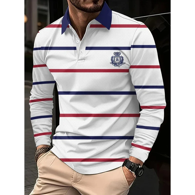 High-quality brand cotton men's polo shirts for autumn and winter, business casual striped solid polo shirts for men's clothing