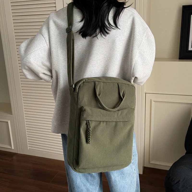 Simple Commuting Tablet Handbag Multi Pocket Square Women Crossbody Bag Corduroy Shoulder Bag Casual Large Capacity Tote Bag