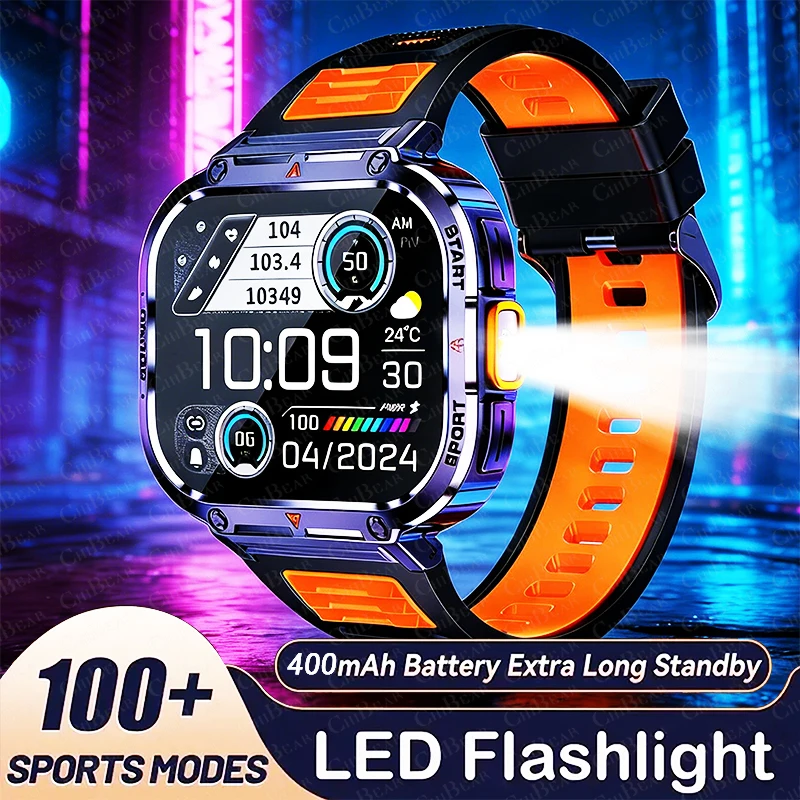 2026 New Smart Watch Men LED Light Flashlight BT Call Music Player Sport Fitness Bracelet Calories Ultra Large Screen Smartwatch