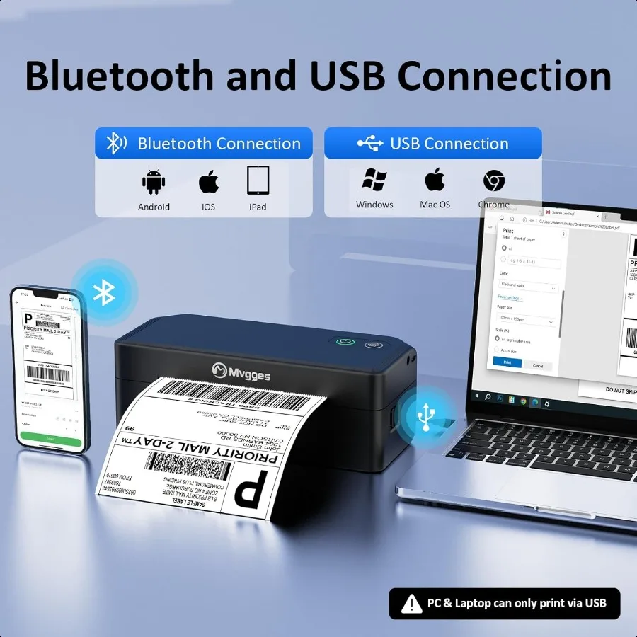 طابعة ملصقات الشحن، طابعة ملصقات حرارية بلوتوث 4x6 لمكتب الأعمال الصغيرة أو المنزل المتوافقة مع Android iOS Windows و