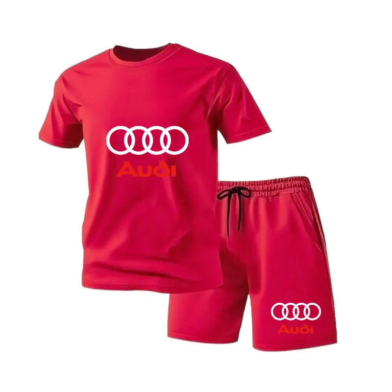 New summer hot selling men's classic sports short sleeved shirt, luxurious design, Audi four ring print, couple loose shorts