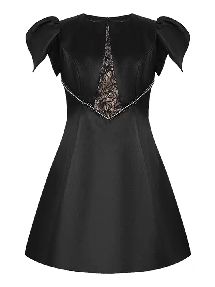 Elegant Black Satin Lace O-Neck Gown Evening Dress Women Clothes Puff Sleeve Slim Short A-Line Party  Birthday Vestidos Fiesta