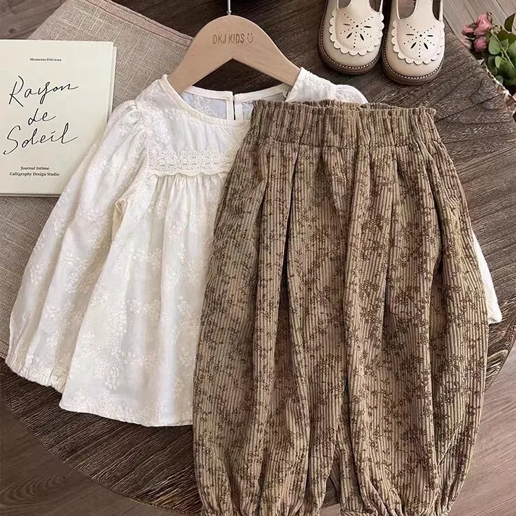2025 Autumn and Spring New Girls' Set Forest Style Doll Shirt Top+ Floral Lantern Pants Two Piece Set for Girls Suits