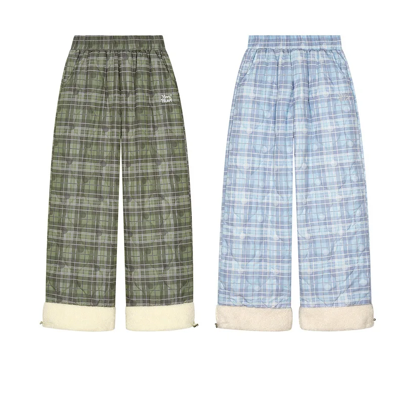 American Style Plaid Striped Splicing Lamb Wool Women's Cotton Pants 2025 Winter Couple Skiing Quilted Warm Long Trousers Unisex