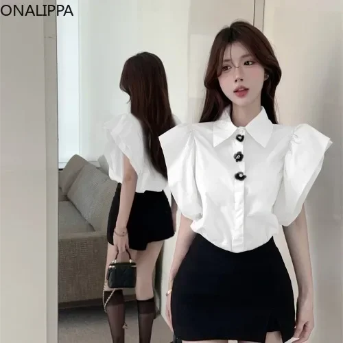 Onalippa Ruffles Lotus Leaf Sleeve Sweet Blouse Women Three Dimensional Flowers Shirts French Style Small Fresh Solid Shirt