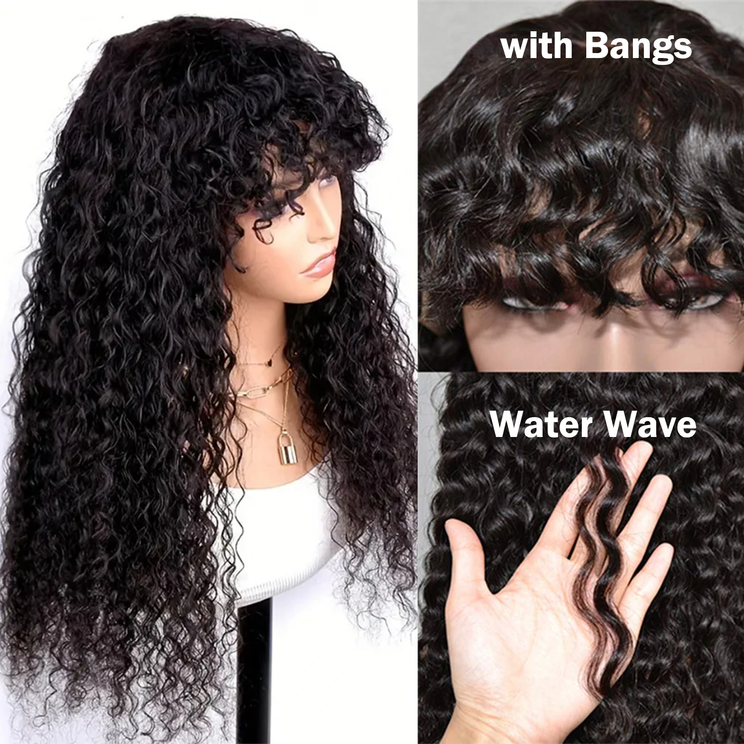 الباروكات موجة المياه شعر مستعار البرازيلي خصلات الشعر المستعار للنساء خصلات الشعر المستعار الإنسان مع الانفجارات شعر مستعار مجعد آلة صنع الشعر المستعار المياه العميقة 180%