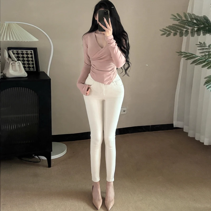 Sexy High Waist Fleece Lined Slim Fit Jeans Milk White Waist Training Butt Enhancing Casual Cotton Blend High Stretch Denim