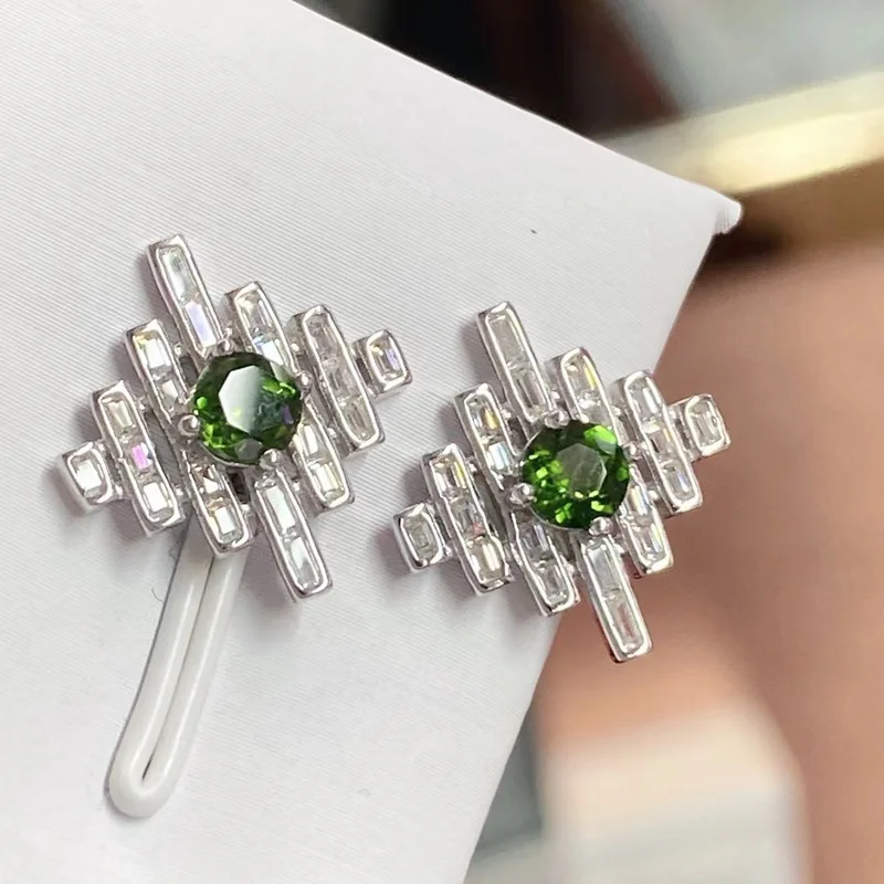 

Authentic 925 Sterling Silver Stud Earrings for Women Christmas Gift Chrome Diopside Fine Jewelry Gemstone for Girl