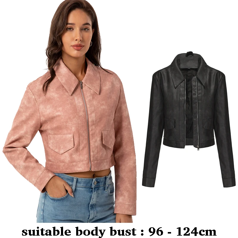 

Высококачественная женская кожаная короткая куртка с принтом, отложной воротник на молнии, повседневная осенне-весенняя одежда 2025, черный, розовый, бежевый