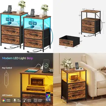 Juego de 2 mesitas de noche, mesita de noche con estación de carga y luces LED, mesita de noche con 2 cajones de tela para dormitorio, tamaño pequeño S 10 best sales Juego de 2 mesitas de noche - №8