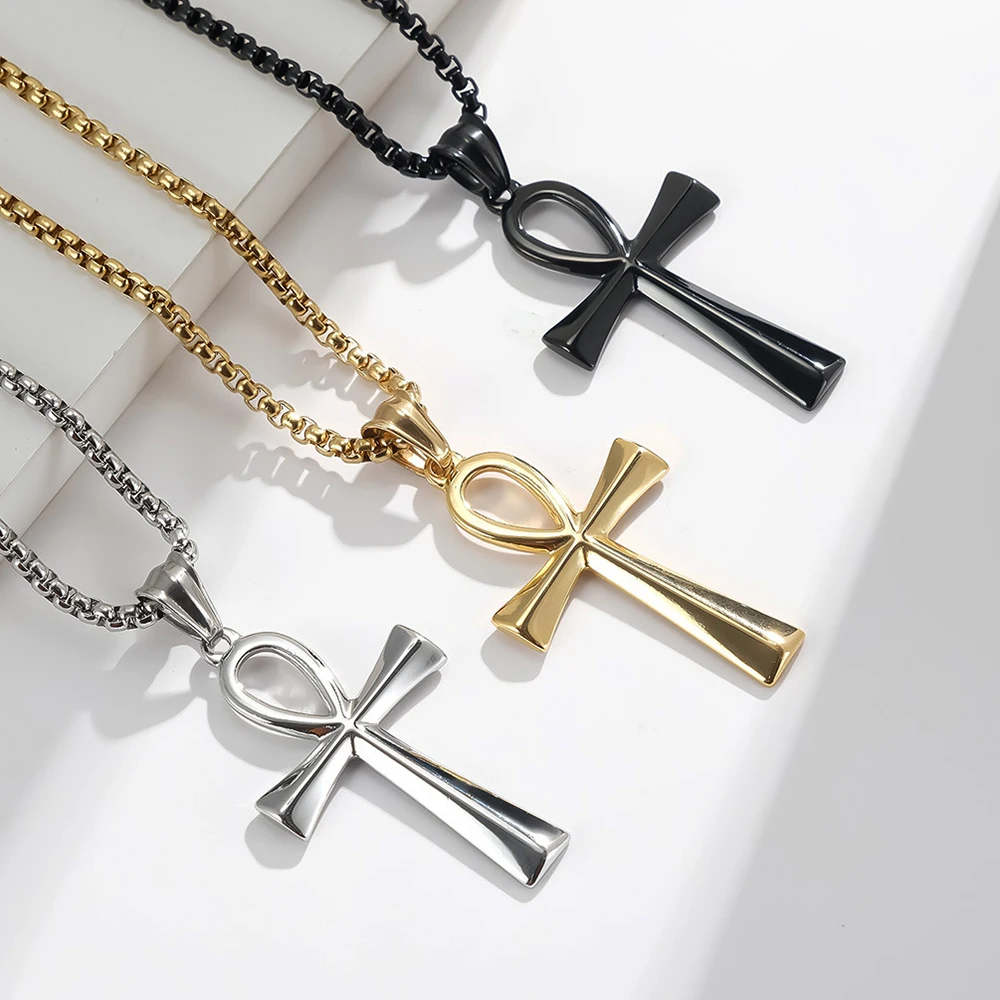 Classic Retro Egyptian Ankh Cross Necklaces for Men Women Stainless Steel Simple Cross Pendant Amulet Jewelry Gifts Wholesale